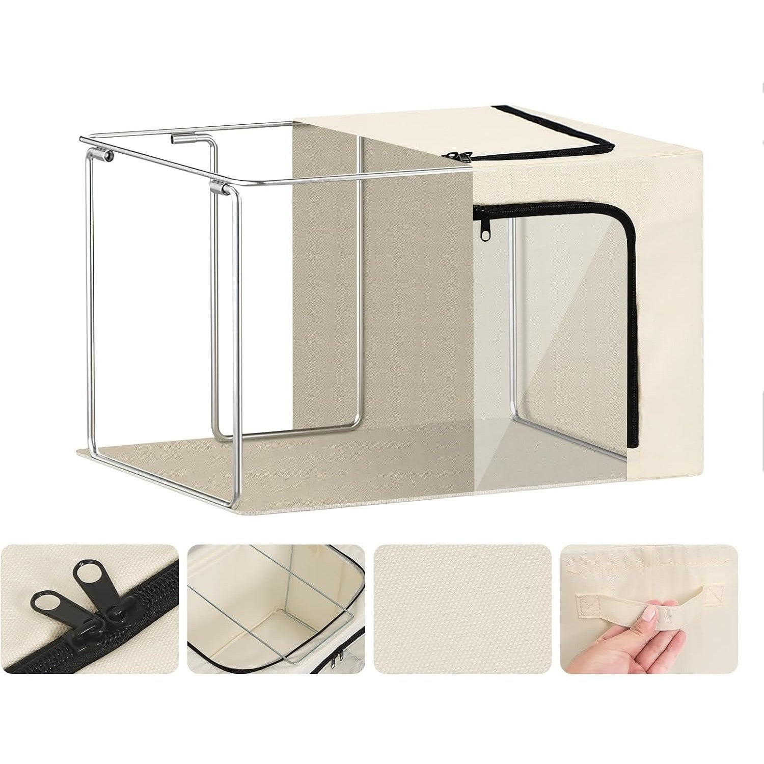 Cutie de Depozitare, cu 3 Ferestre cu Fermoar Bidirectional, Cadru din Otel, Impermeabil, 38L, 42 x 30 x 30 cm, Bej
