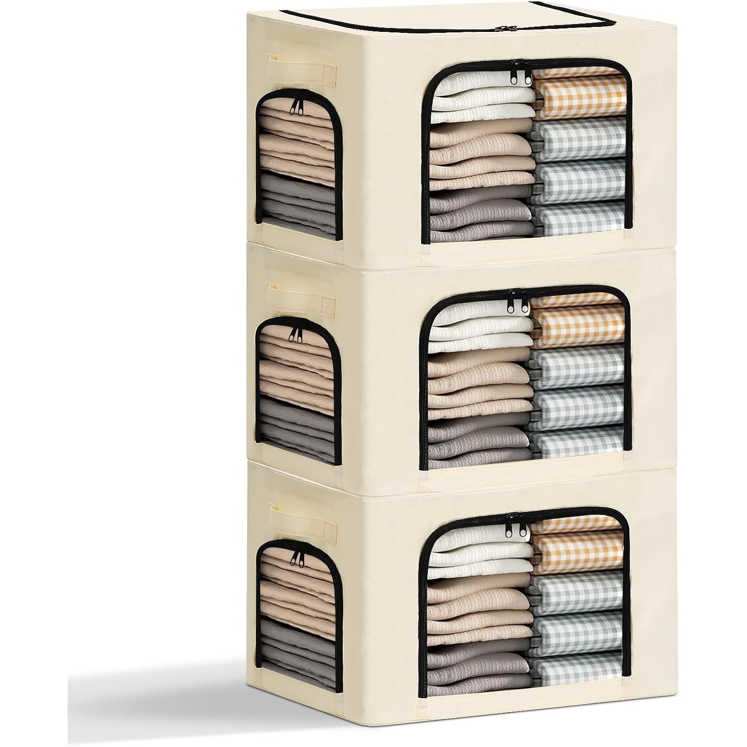 Cutie de Depozitare, cu 3 Ferestre cu Fermoar Bidirectional, Cadru din Otel, Impermeabil, 38L, 42 x 30 x 30 cm, Bej