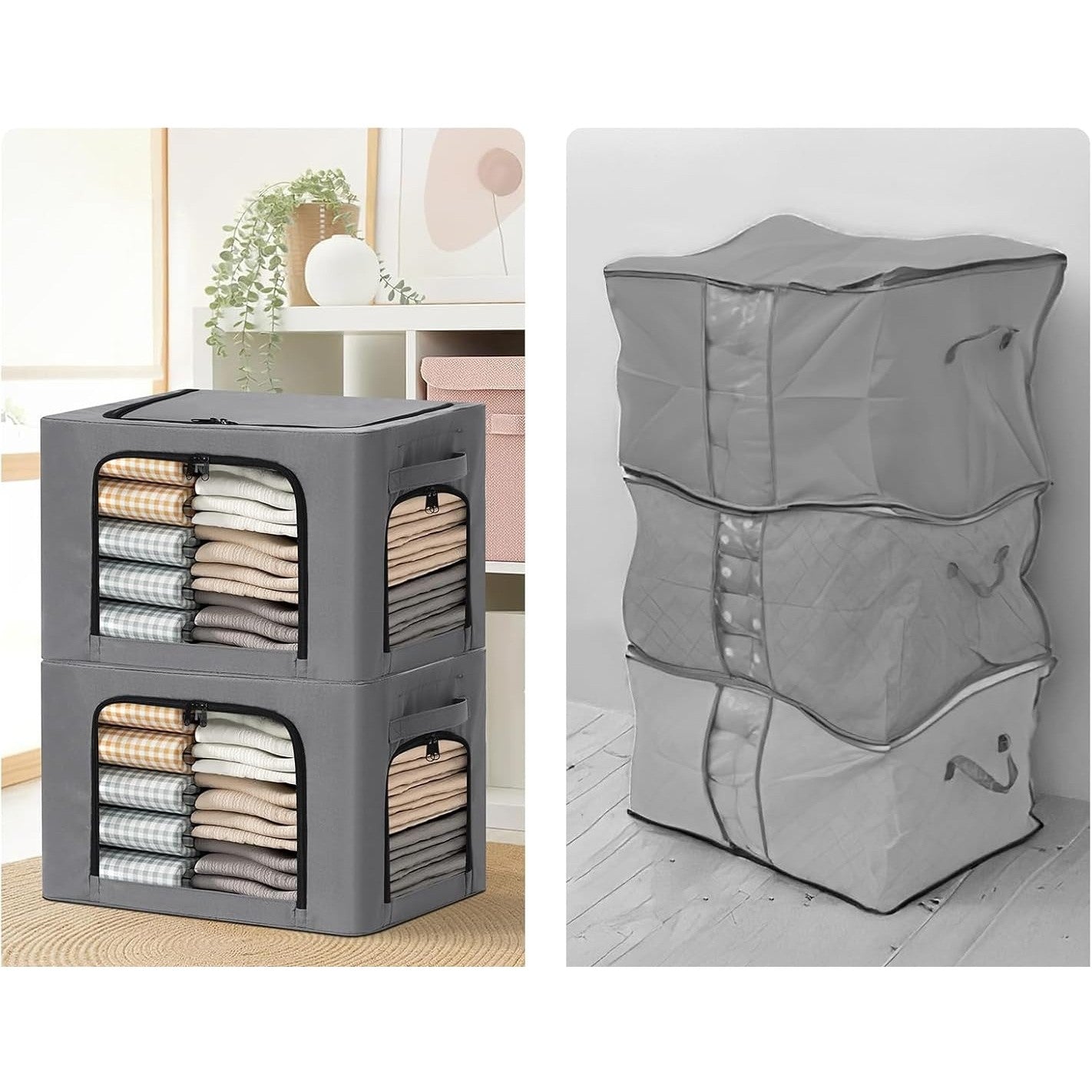 Cutie de Depozitare, cu 3 Ferestre cu Fermoar Bidirectional, Cadru din Otel, Impermeabil, 38L, 42 x 30 x 30 cm, Gri Inchis