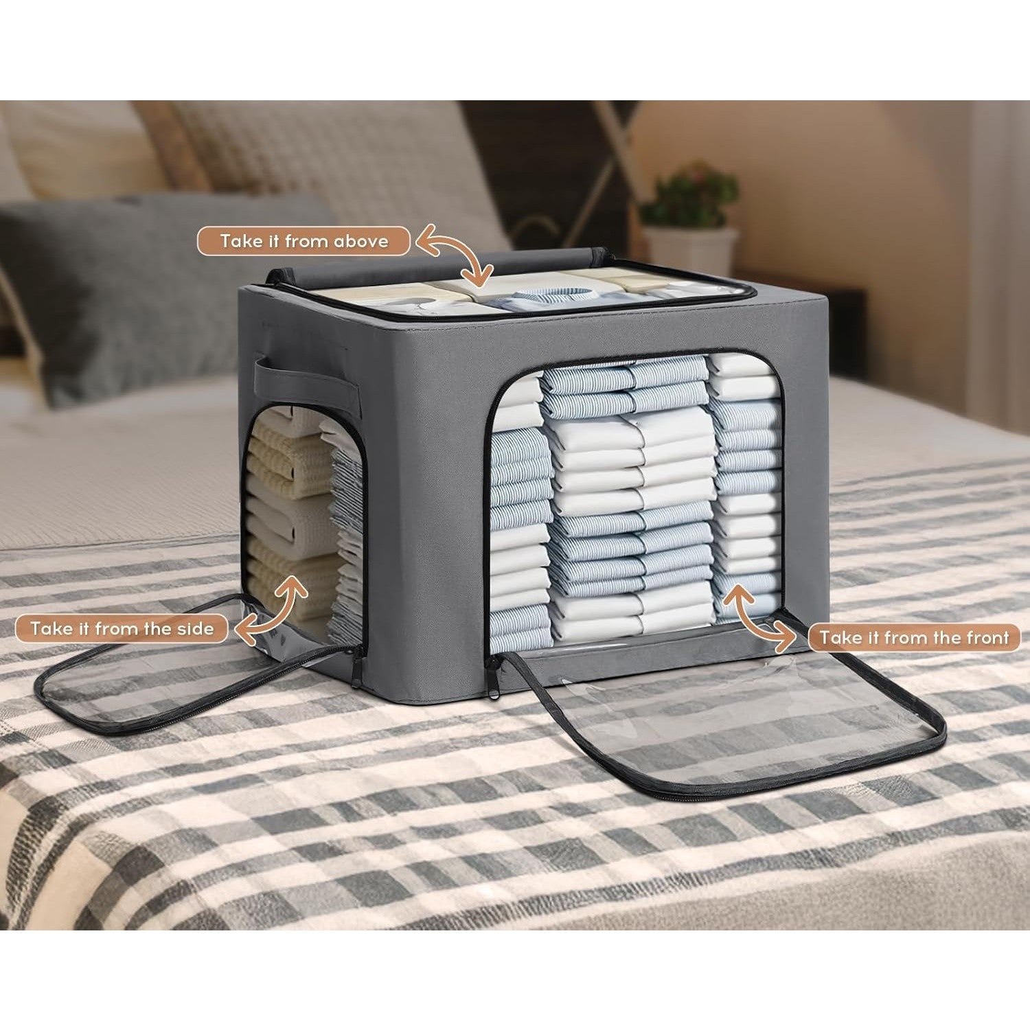 Cutie de Depozitare, cu 3 Ferestre cu Fermoar Bidirectional, Cadru din Otel, Impermeabil, 38L, 42 x 30 x 30 cm, Gri Inchis