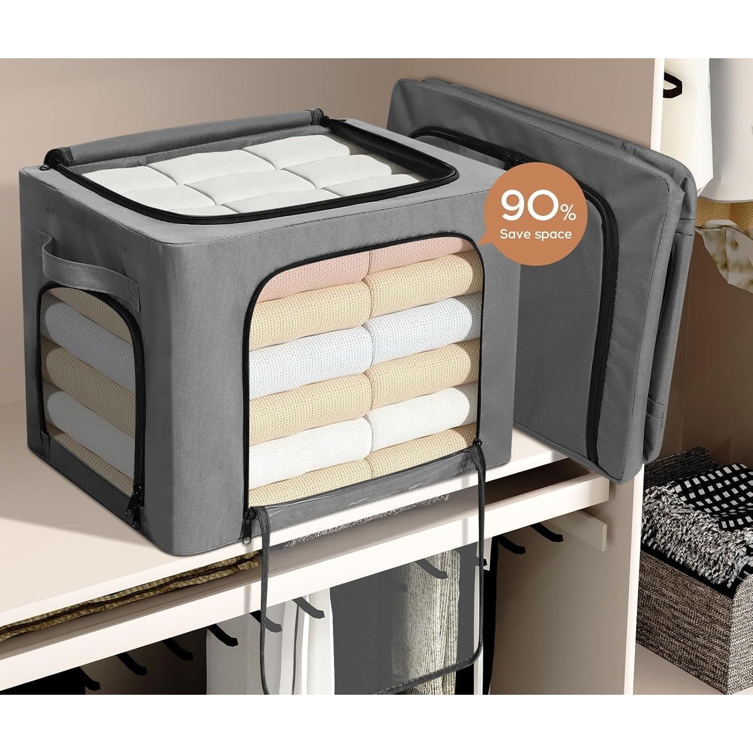 Cutie de Depozitare, cu 3 Ferestre cu Fermoar Bidirectional, Cadru din Otel, Impermeabil, 38L, 42 x 30 x 30 cm, Gri Inchis