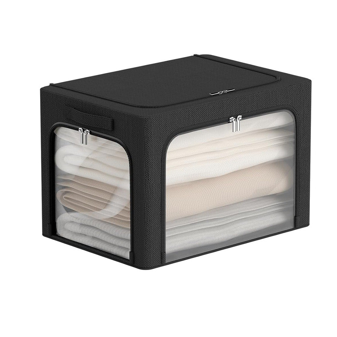 Cutie de Depozitare, cu 3 Ferestre cu Fermoar Bidirectional, Cadru din Otel, Impermeabil, 38L, 42 x 30 x 30 cm, Negru