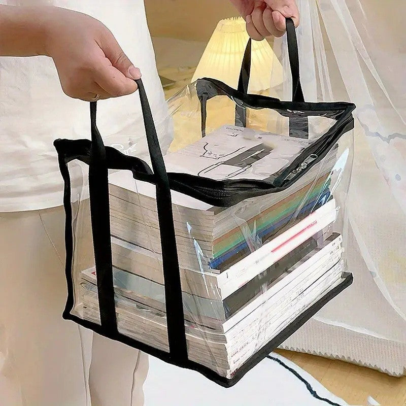 Cutie de Depozitare, din PVC + Textil, Rezistenta la Apa, Geanta pentru Carti, 38x24x32 cm, Transparent-Negru