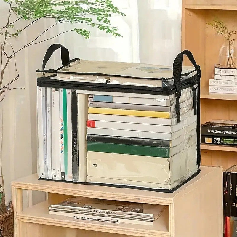 Cutie de Depozitare, din PVC + Textil, Rezistenta la Apa, Geanta pentru Carti, 38x24x32 cm, Transparent-Negru