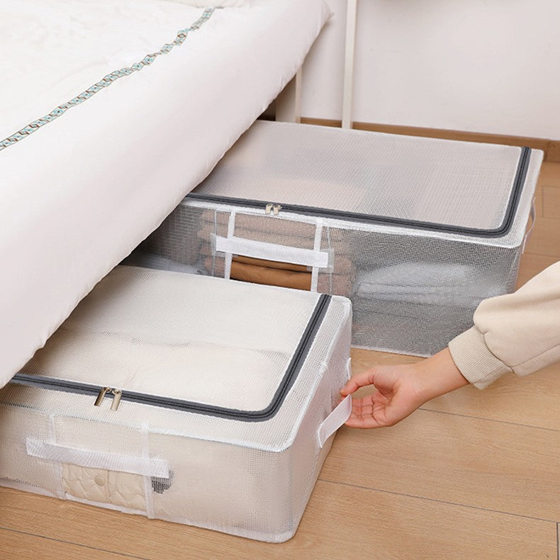 Cutie de Depozitare, pentru Haine, Incaltaminte, din Plasa PVC Impermeabila si Manere Laterale, Pliabila, Fermoar Bidirectional, 80 x 47 x 24 cm, Transparenta