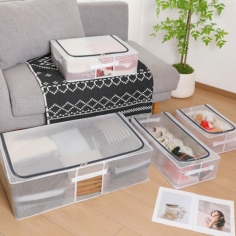 Cutie de Depozitare, pentru Haine, Incaltaminte, din Plasa PVC Impermeabila si Manere Laterale, Pliabila, Fermoar Bidirectional, 80 x 47 x 24 cm, Transparenta