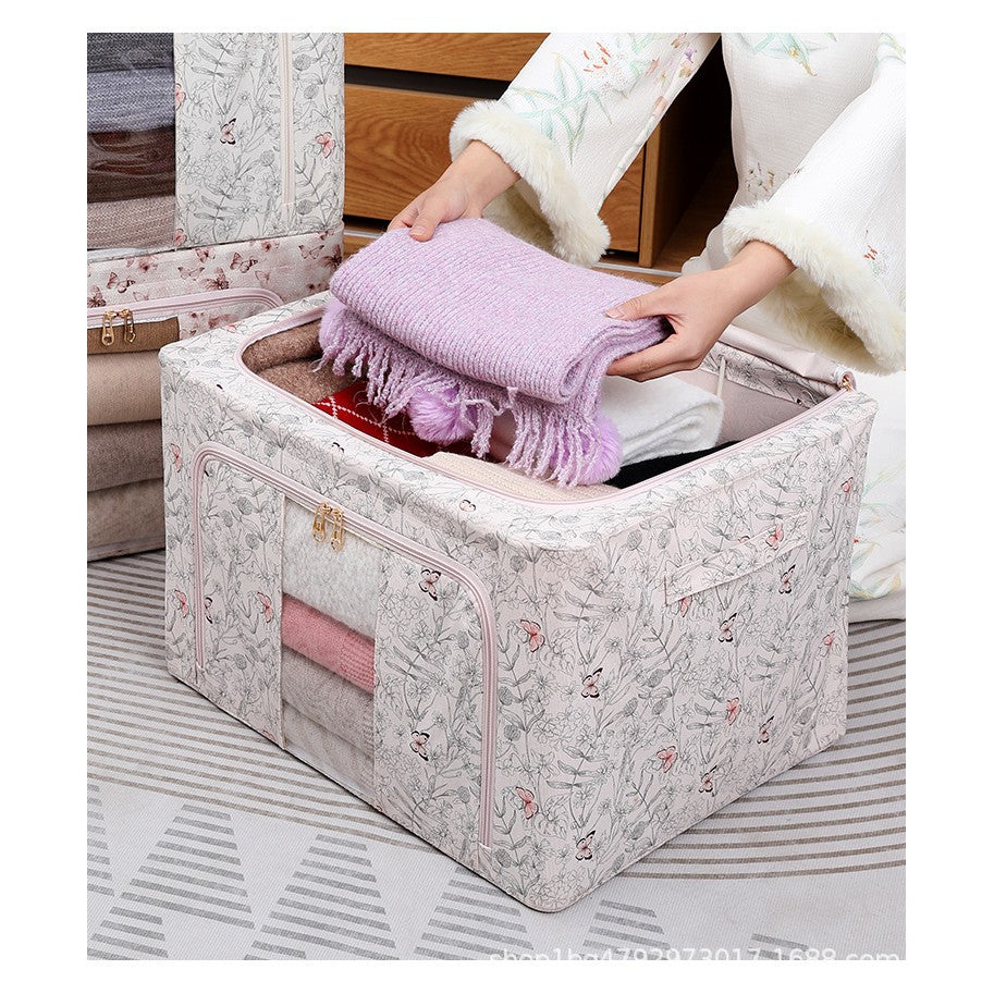 Cutie Depozitare, 66L, din Material Textil, 50 x 40 x 33 cm, pentru Haine si Lenjerii, Model Fluturasi, Bej