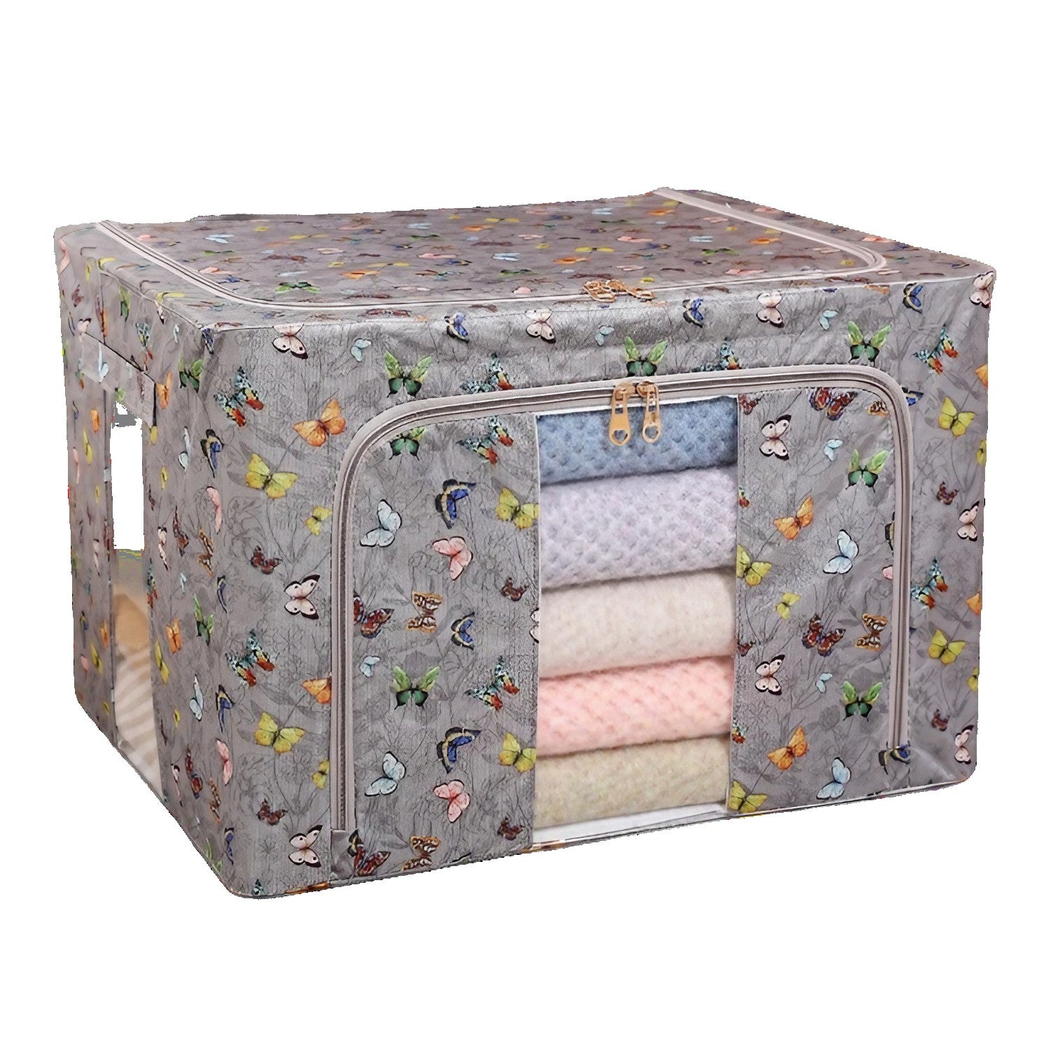 Cutie Depozitare, 66L, din Material Textil, 50 x 40 x 33 cm, pentru Haine si Lenjerii, Model Fluturasi, Gri Inchis