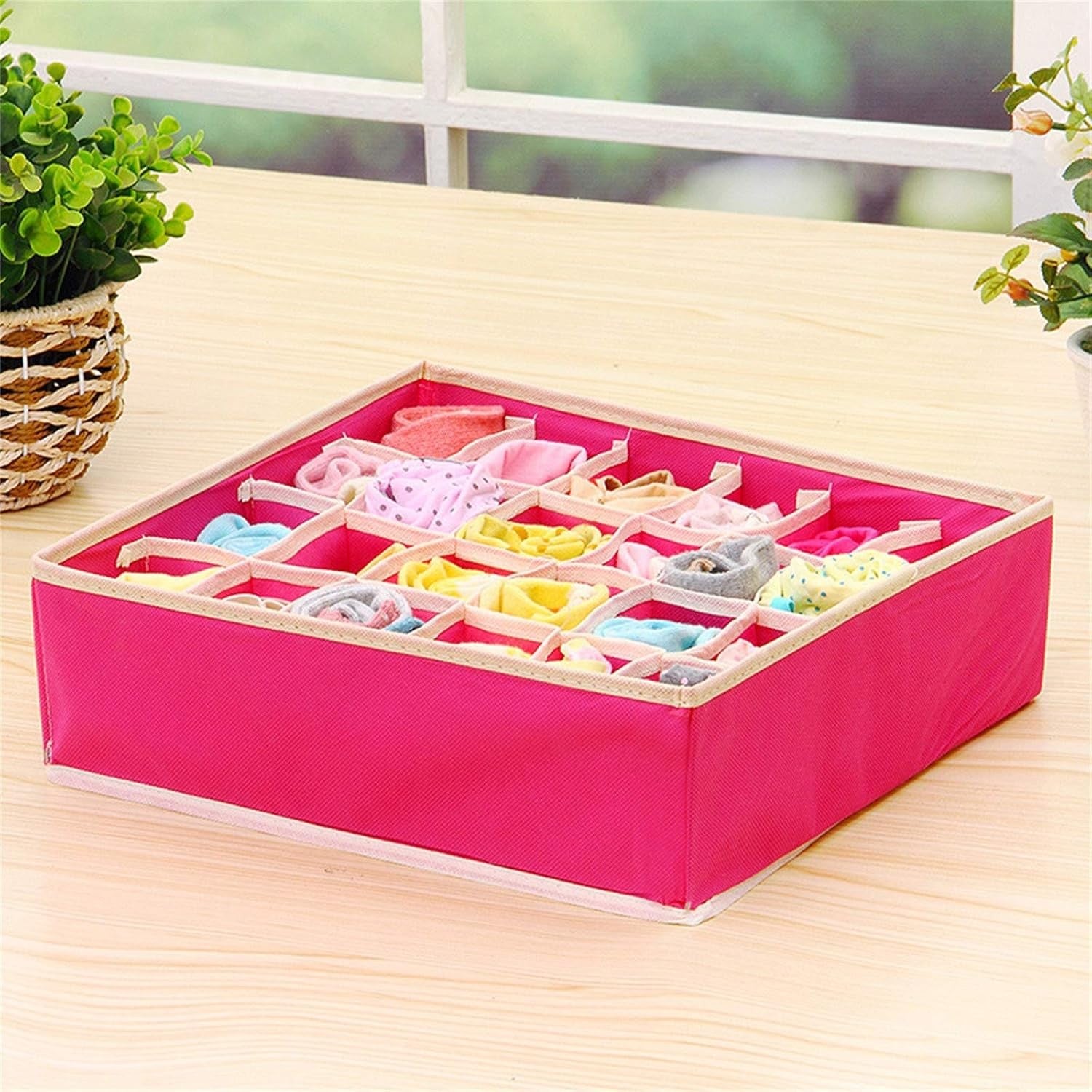 Cutie De Depozitare, Pentru Lenjerie, Sosete Si Sutiene, Material Textil, 24 Compartimente, 32 x 32 x 10 cm, Culoare Roz