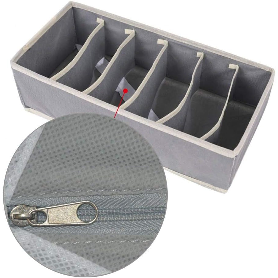 Cutie De Depozitare, Pentru Lenjerie, Sosete Si Sutiene, Material Textil, 6 Compartimente, 32 x 16 x 10 cm, Culoare Gri