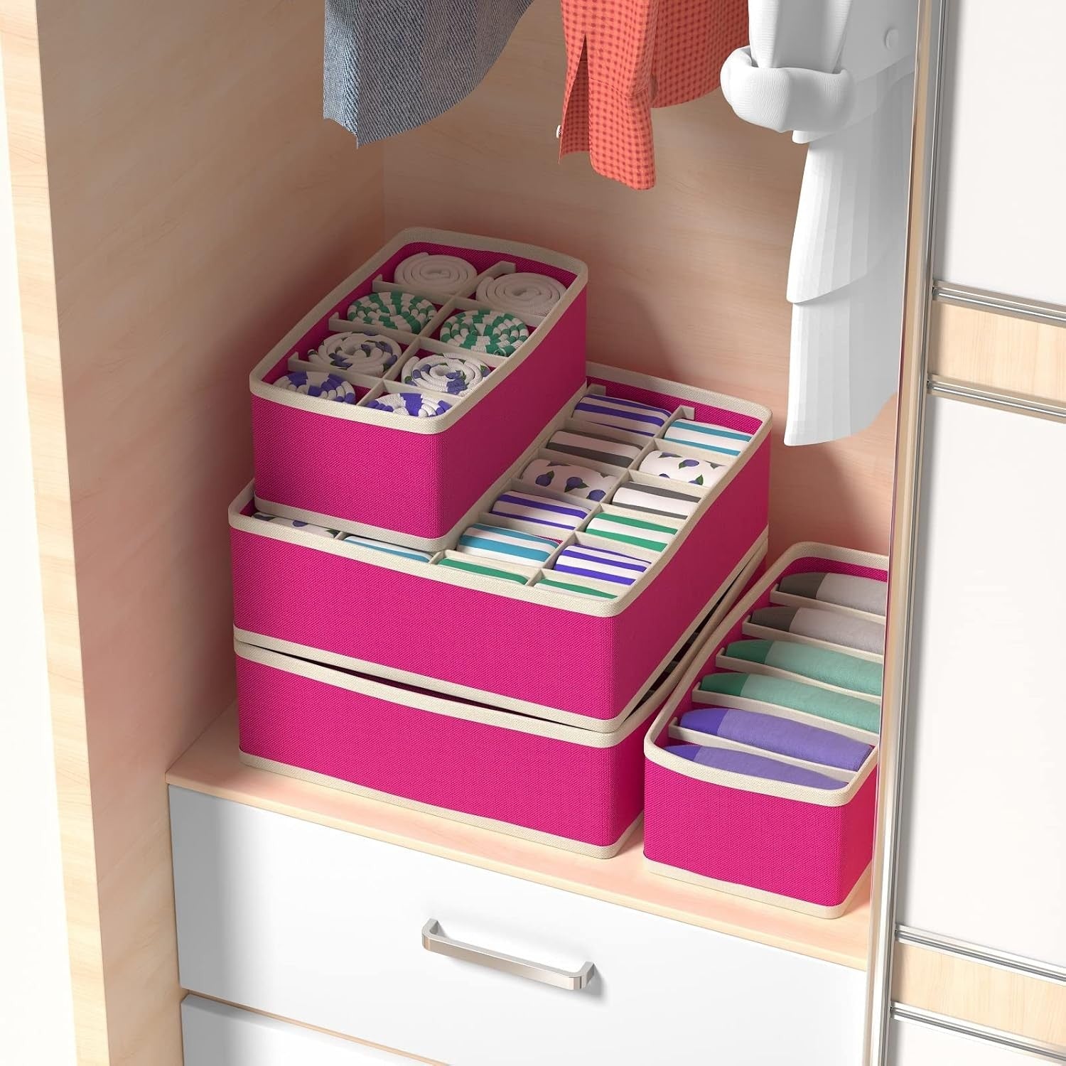 Cutie De Depozitare, Pentru Lenjerie, Sosete Si Sutiene, Material Textil, 6 Compartimente, 32 x 16 x 10 cm, Culoare Roz
