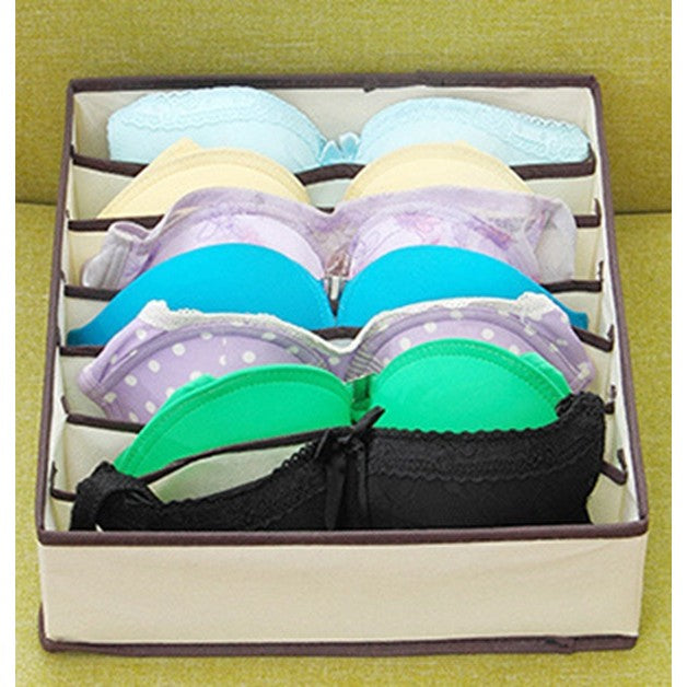 Cutie De Depozitare, Pentru Lenjerie, Sosete Si Sutiene, Material Textil, 7 Compartimente, 32 x 32 x 10 cm, Culoare Bej