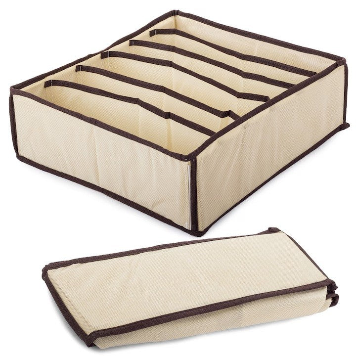 Cutie De Depozitare, Pentru Lenjerie, Sosete Si Sutiene, Material Textil, 7 Compartimente, 32 x 32 x 10 cm, Culoare Bej
