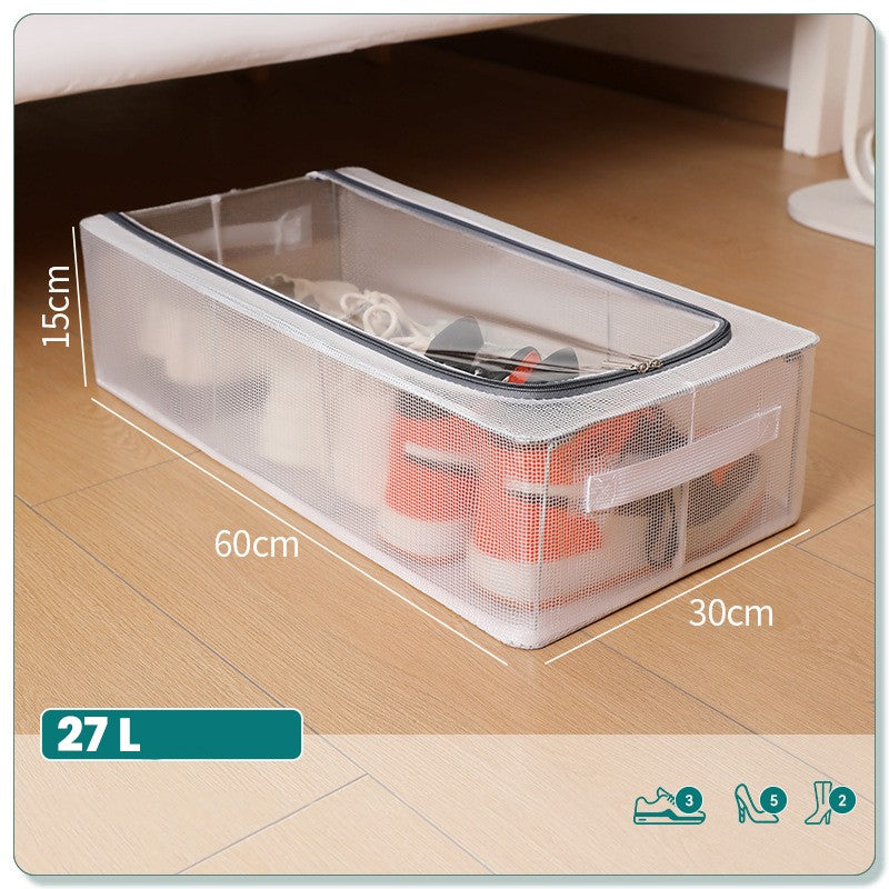 Cutie de Depozitare, pentru Pantofi Haine, din Plasa PVC Impermeabila si Cadru de Otel, Pliabila, Fermoar Bidirectional, 60 x 30 x 15 cm, Transparenta