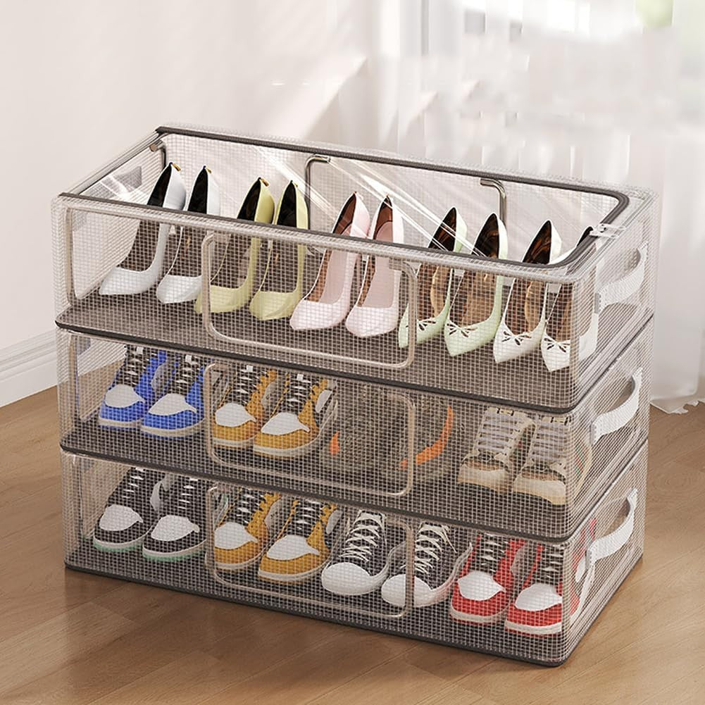 Cutie de Depozitare pentru Pantofi, 40x30x21 cm, din Plasa PVC Impermeabila si Cadru de Otel, Pliabila, Fermoar Bidirectional, Transparenta