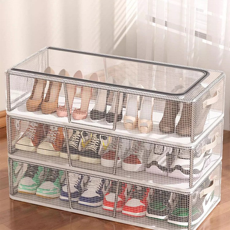 Cutie de Depozitare pentru Pantofi, 40x30x21 cm, din Plasa PVC Impermeabila si Cadru de Otel, Pliabila, Fermoar Bidirectional, Transparenta