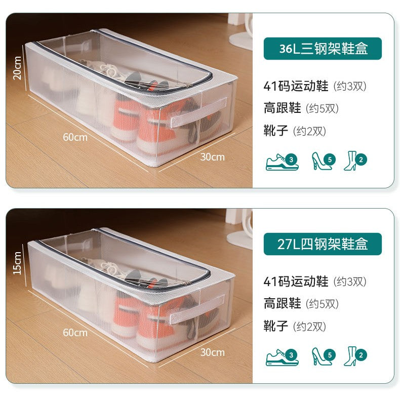 Cutie de Depozitare pentru Pantofi, 60x30x21 cm, din Plasa PVC Impermeabila si Cadru de Otel, Pliabila, Fermoar Bidirectional, Transparenta