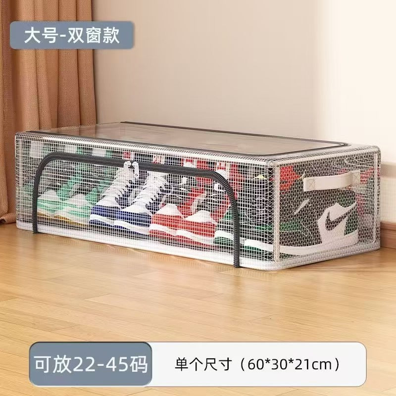 Cutie de Depozitare pentru Pantofi, 60x30x21 cm, din Plasa PVC Impermeabila si Cadru de Otel, Pliabila, Fermoar Bidirectional, Transparenta