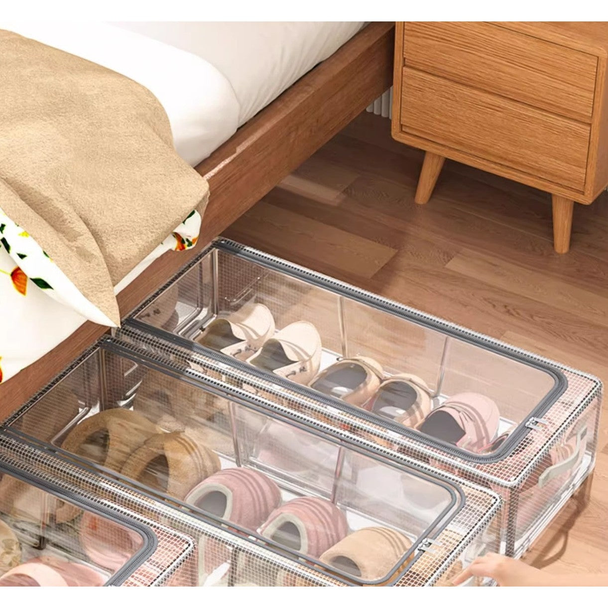 Cutie de Depozitare pentru Pantofi, 60x30x21 cm, din Plasa PVC Impermeabila si Cadru de Otel, Pliabila, Fermoar Bidirectional, Transparenta