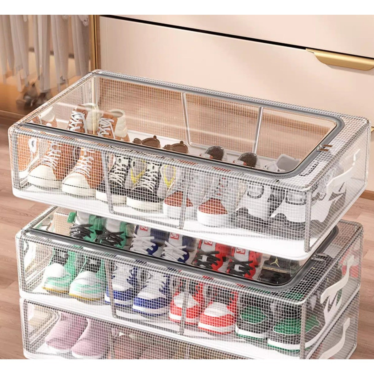 Cutie de Depozitare pentru Pantofi, 60x30x21 cm, din Plasa PVC Impermeabila si Cadru de Otel, Pliabila, Fermoar Bidirectional, Transparenta