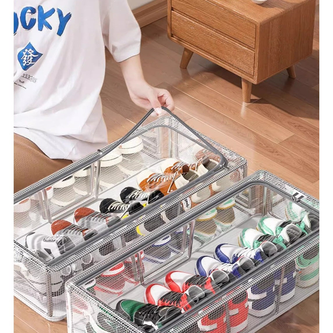 Cutie de Depozitare pentru Pantofi, 60x30x21 cm, din Plasa PVC Impermeabila si Cadru de Otel, Pliabila, Fermoar Bidirectional, Transparenta