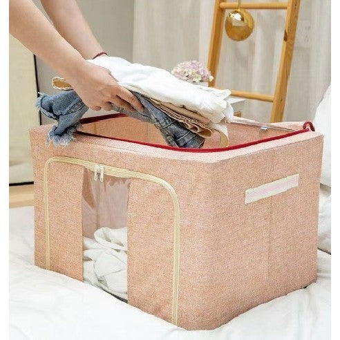 Cutie de Depozitare Pliabila, Flippy, 66 L, din Bumbac si In, 33x40x50 cm, 2 Ferestre, Frontala si Laterala, 2 Usi de Acces cu Fermoar Bidirectional, Cadru Metalic, Suport Baza Stabil din Plastic, Roz Pudrat