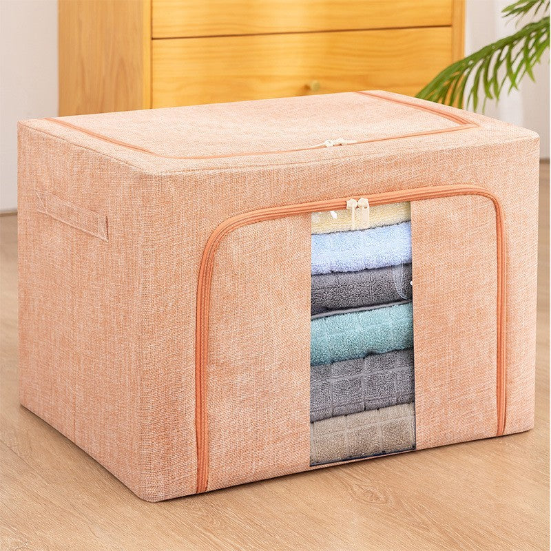 Cutie de Depozitare Pliabila, Flippy, 66 L, din Bumbac si In, 33x40x50 cm, 2 Ferestre, Frontala si Laterala, 2 Usi de Acces cu Fermoar Bidirectional, Cadru Metalic, Suport Baza Stabil din Plastic, Roz Pudrat
