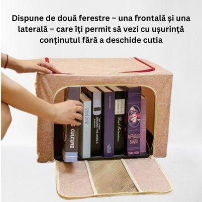 Cutie de Depozitare Pliabila, 66 L, din Bumbac si In, 33x40x50 cm, 2 Ferestre, Frontala si Laterala, 2 Usi de Acces cu Fermoar Bidirectional, Cadru Metalic, Suport Baza Stabil din Plastic, Roz Pudrat
