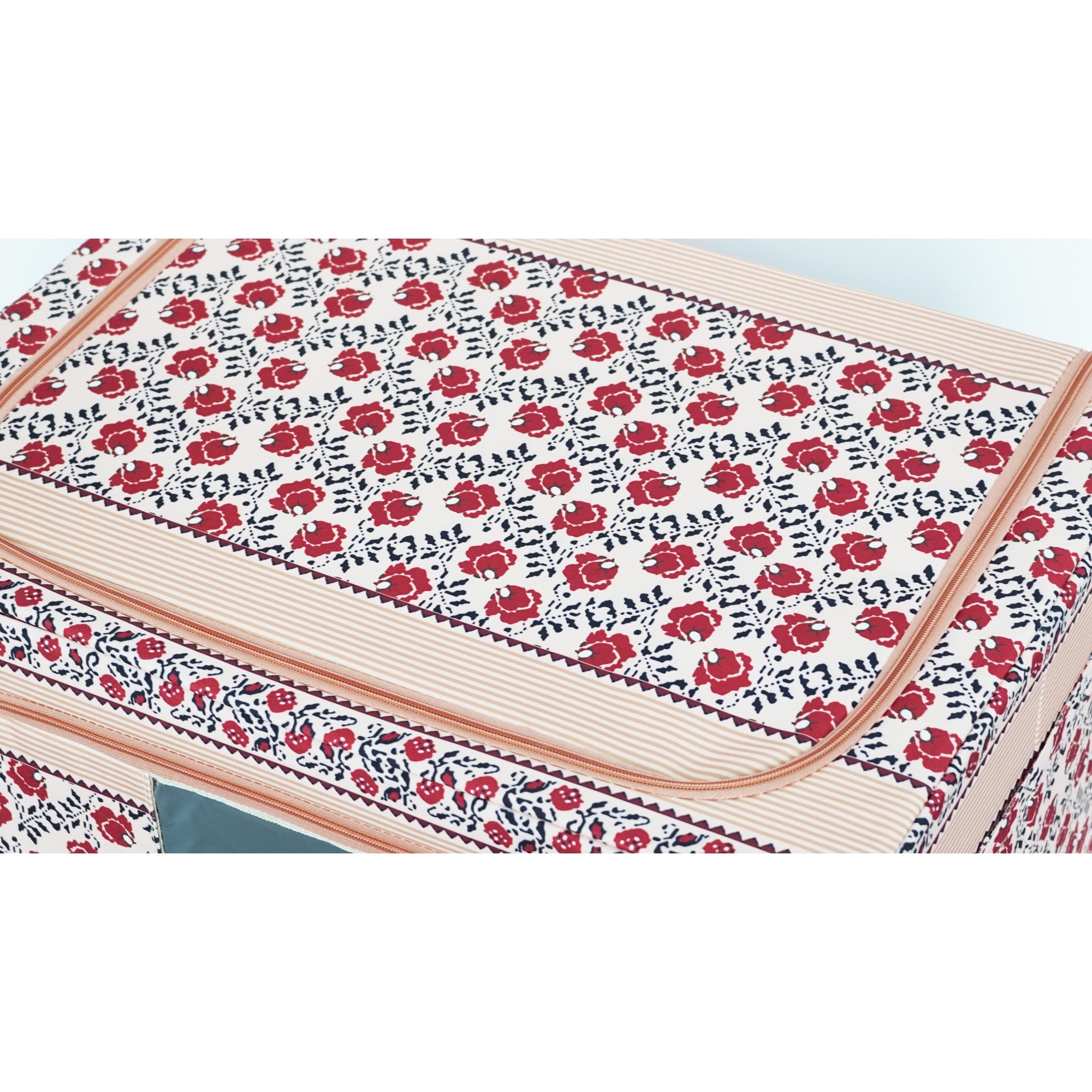 Cutie de Depozitare Pliabila, 100 L din Bumbac si In, 60X42X40 cm, Fereastra Frontala, 2 Usi de Acces cu Fermoar Bidirectional, Cadru Metalic, Suport Baza Stabil din Plastic, Motiv Traditional Model 4