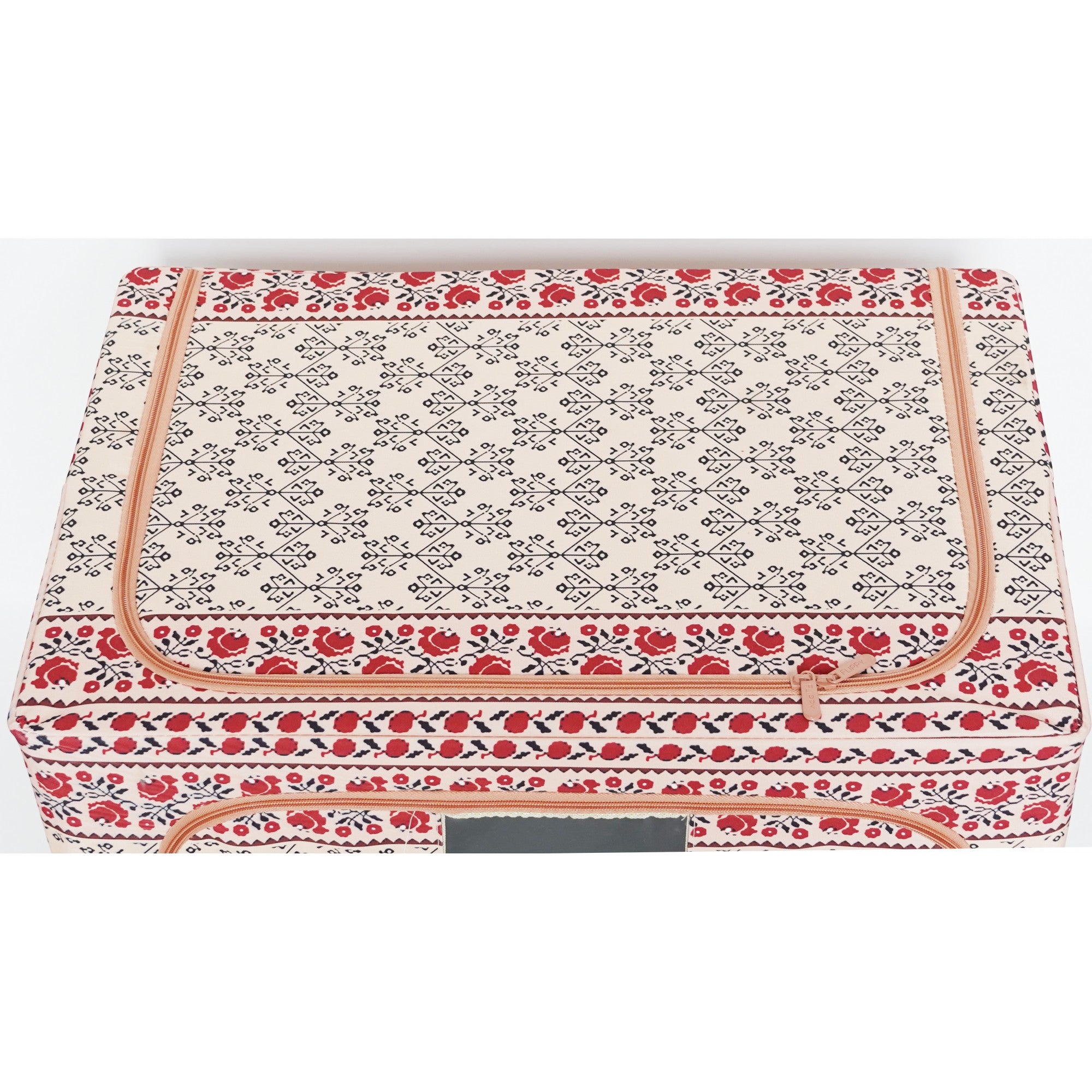 Cutie de Depozitare Pliabila, 100 L din Bumbac si In, 60X42X40 cm, Fereastra Frontala, 2 Usi de Acces cu Fermoar Bidirectional, Cadru Metalic, Suport Baza Stabil din Plastic, Motiv Traditional Model 3