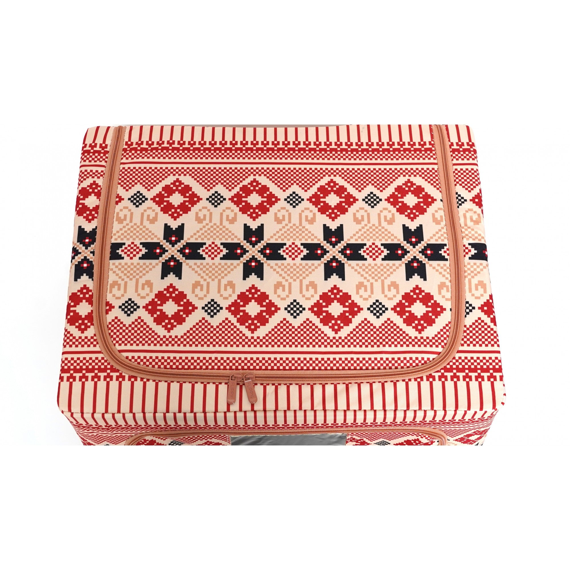 Cutie de Depozitare Pliabila, 100 L din Bumbac si In, 60X42X40 cm, Fereastra Frontala, 2 Usi de Acces cu Fermoar Bidirectional, Cadru Metalic, Suport Baza Stabil din Plastic, Motiv Traditional Model 1