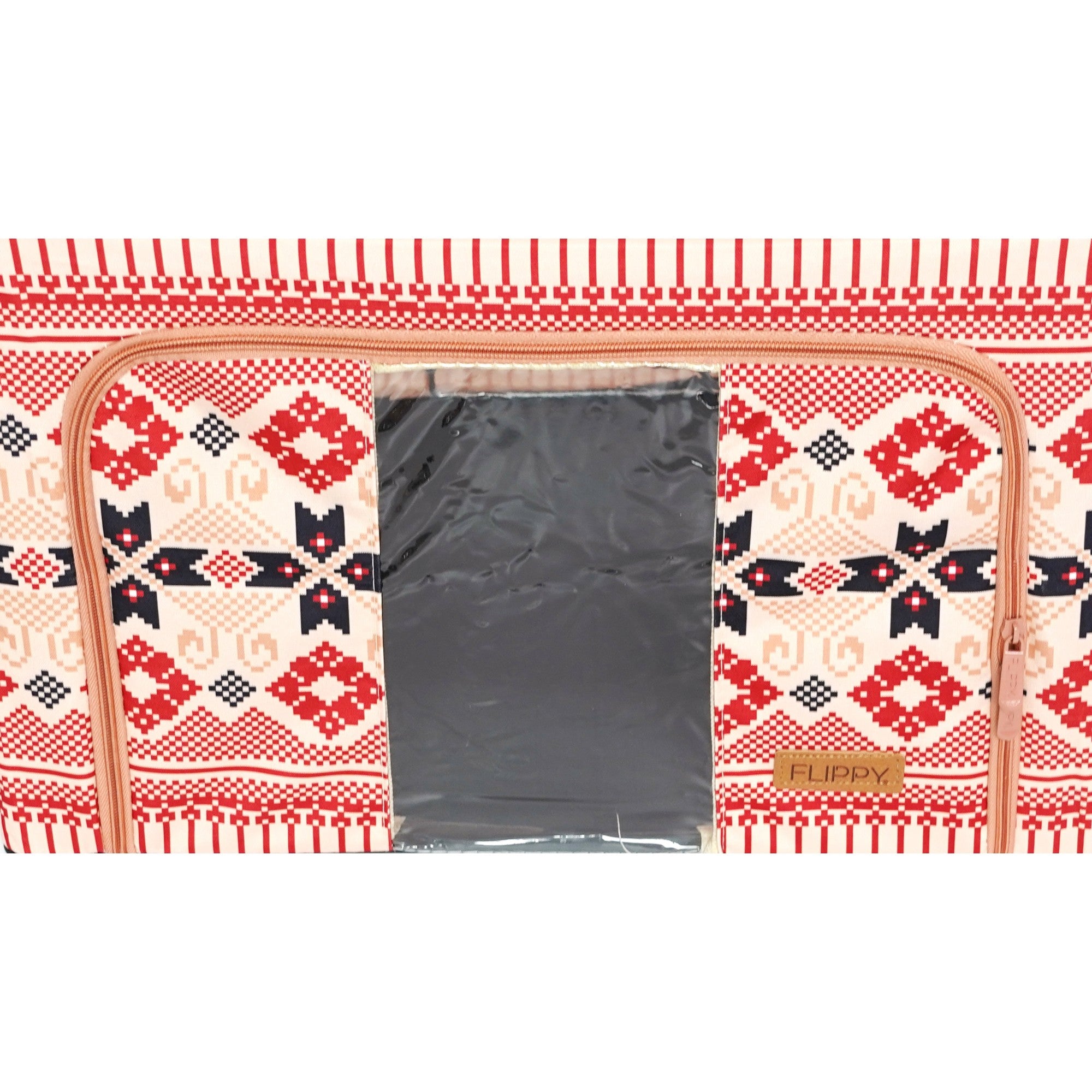 Cutie de Depozitare Pliabila, 100 L din Bumbac si In, 60X42X40 cm, Fereastra Frontala, 2 Usi de Acces cu Fermoar Bidirectional, Cadru Metalic, Suport Baza Stabil din Plastic, Motiv Traditional Model 1