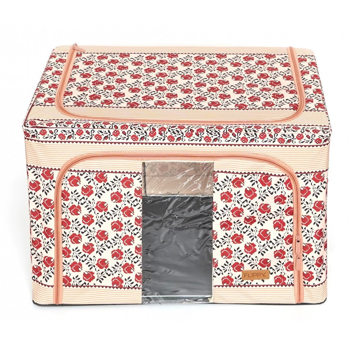 Cutie de Depozitare Pliabila, 100 L din Bumbac si In, 60X42X40 cm, Fereastra Frontala, 2 Usi de Acces cu Fermoar Bidirectional, Cadru Metalic, Suport Baza Stabil din Plastic, Motiv Traditional Model 4