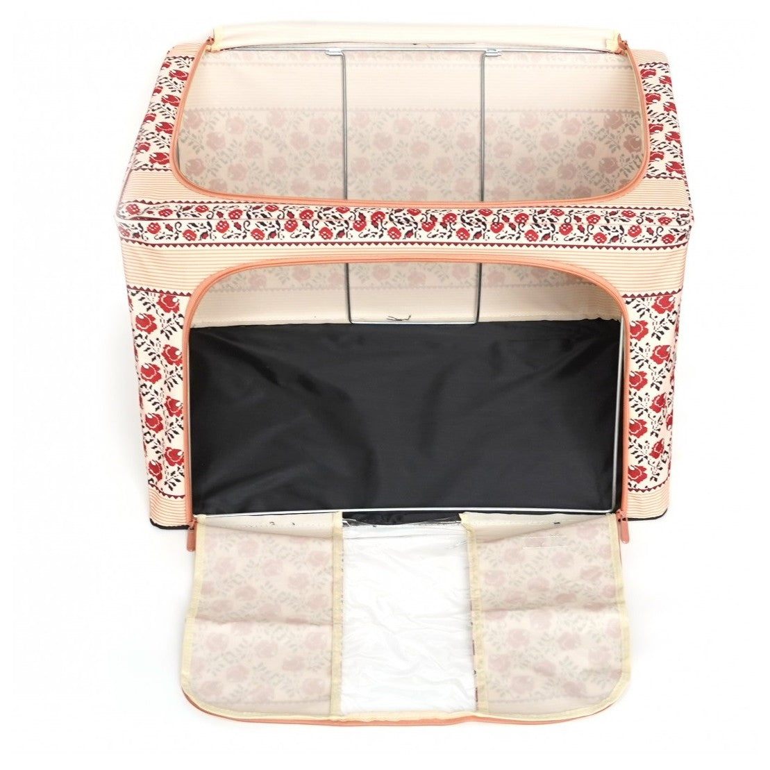 Cutie de Depozitare Pliabila, 100 L din Bumbac si In, 60X42X40 cm, Fereastra Frontala, 2 Usi de Acces cu Fermoar Bidirectional, Cadru Metalic, Suport Baza Stabil din Plastic, Motiv Traditional Model 4