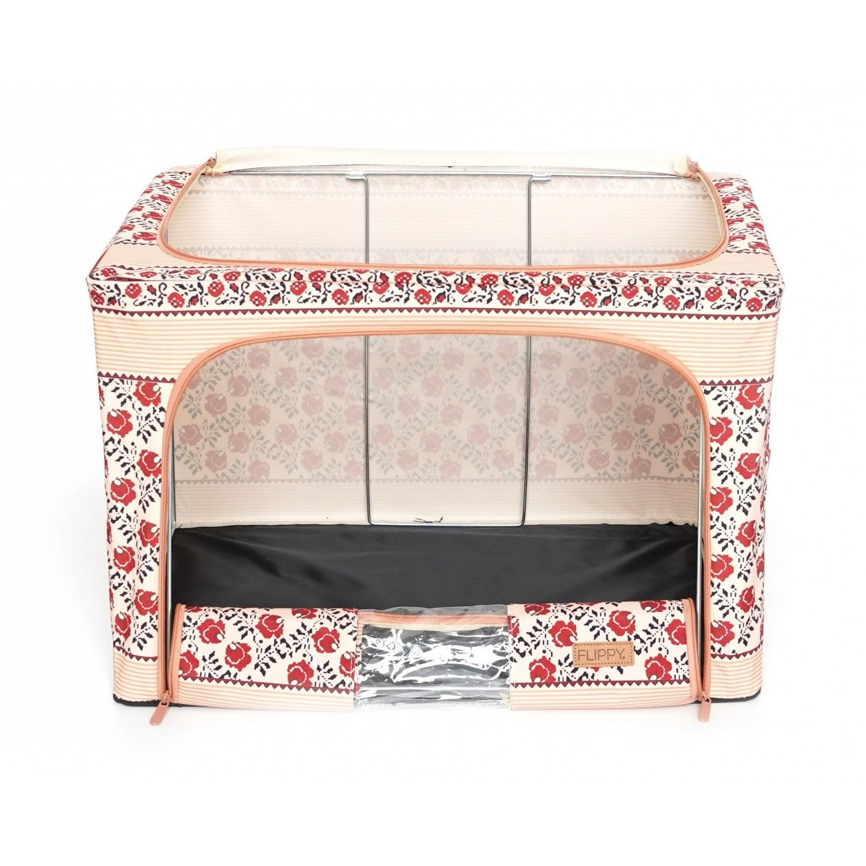 Cutie de Depozitare Pliabila, 100 L din Bumbac si In, 60X42X40 cm, Fereastra Frontala, 2 Usi de Acces cu Fermoar Bidirectional, Cadru Metalic, Suport Baza Stabil din Plastic, Motiv Traditional Model 4