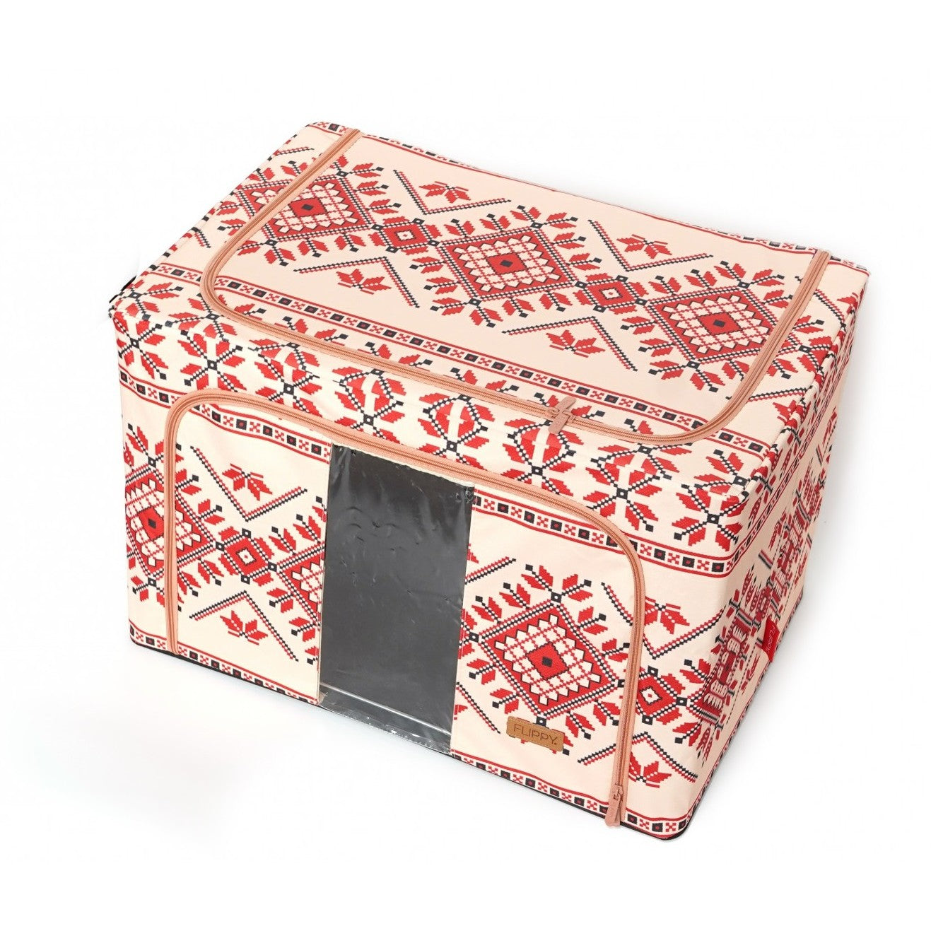Cutie de Depozitare Pliabila, 100 L din Bumbac si In, 60X42X40 cm, Fereastra Frontala, 2 Usi de Acces cu Fermoar Bidirectional, Cadru Metalic, Suport Baza Stabil din Plastic, Motiv Traditional Model 2