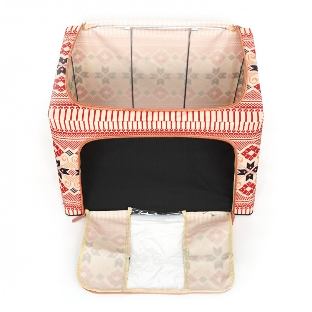 Cutie de Depozitare Pliabila, 100 L din Bumbac si In, 60X42X40 cm, Fereastra Frontala, 2 Usi de Acces cu Fermoar Bidirectional, Cadru Metalic, Suport Baza Stabil din Plastic, Motiv Traditional Model 1
