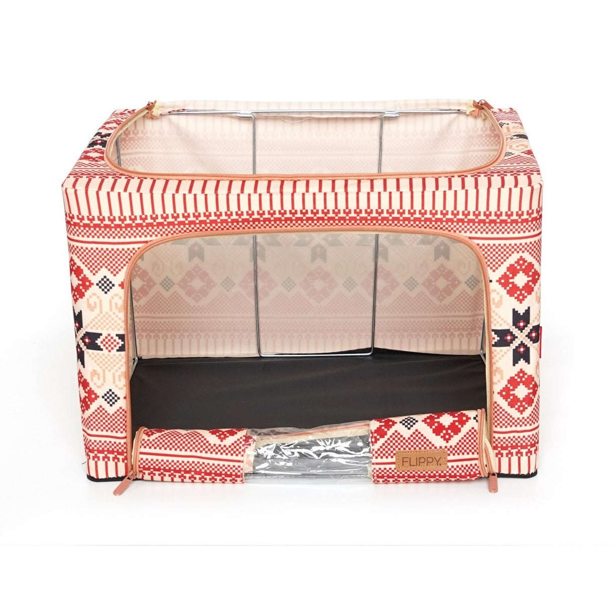 Cutie de Depozitare Pliabila, 100 L din Bumbac si In, 60X42X40 cm, Fereastra Frontala, 2 Usi de Acces cu Fermoar Bidirectional, Cadru Metalic, Suport Baza Stabil din Plastic, Motiv Traditional Model 1