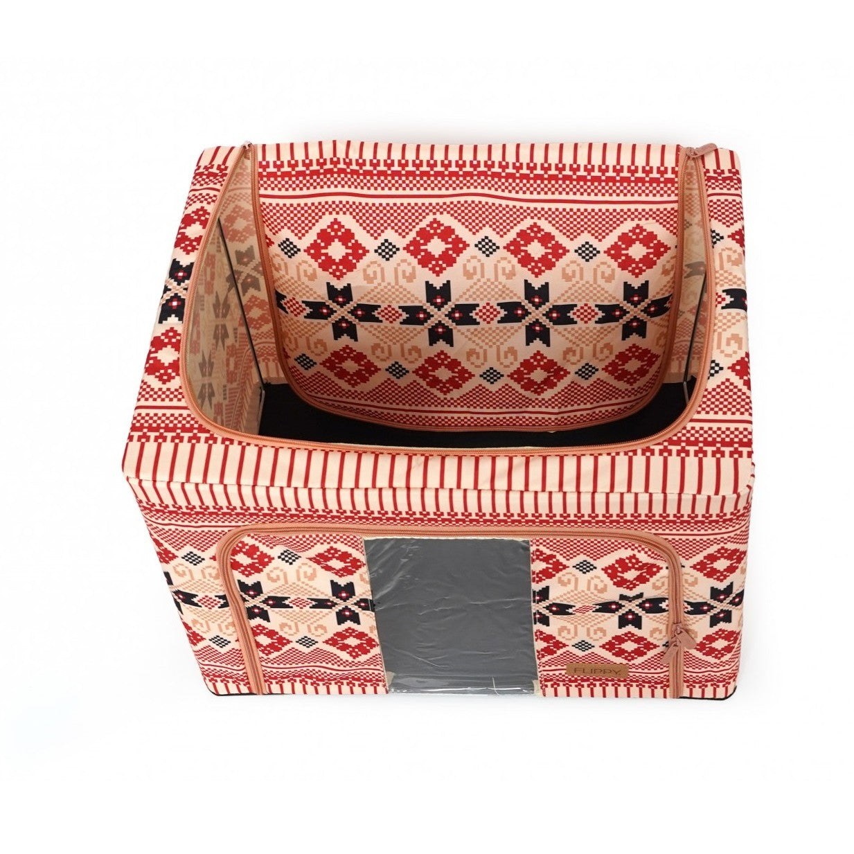 Cutie de Depozitare Pliabila, 100 L din Bumbac si In, 60X42X40 cm, Fereastra Frontala, 2 Usi de Acces cu Fermoar Bidirectional, Cadru Metalic, Suport Baza Stabil din Plastic, Motiv Traditional Model 1