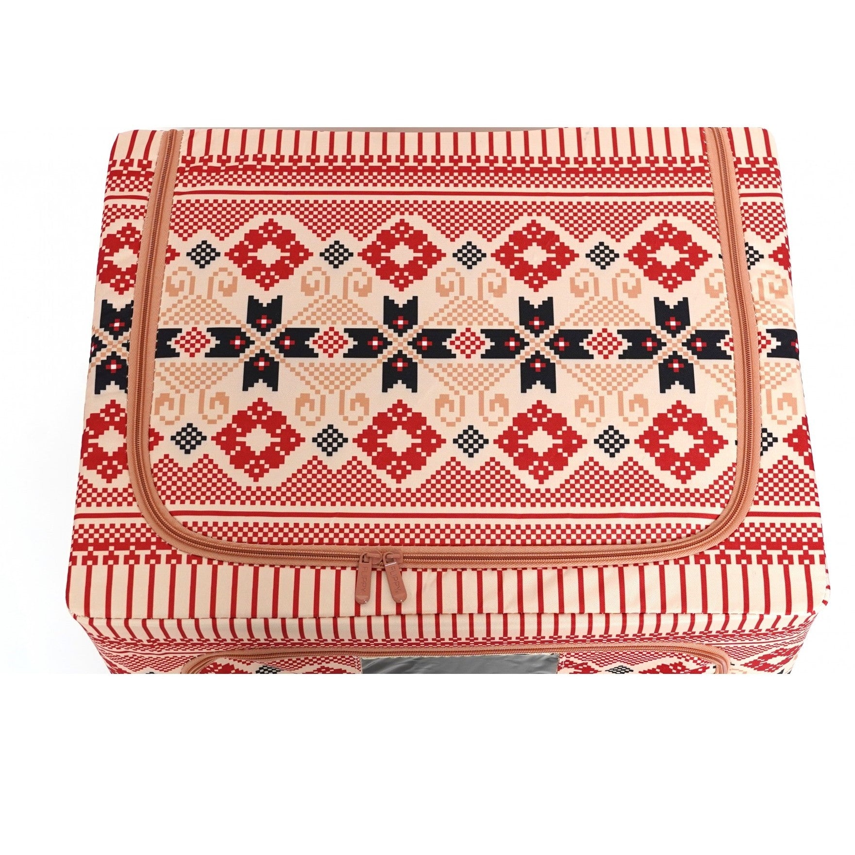 Cutie de Depozitare Pliabila, 100 L din Bumbac si In, 60X42X40 cm, Fereastra Frontala, 2 Usi de Acces cu Fermoar Bidirectional, Cadru Metalic, Suport Baza Stabil din Plastic, Motiv Traditional Model 1