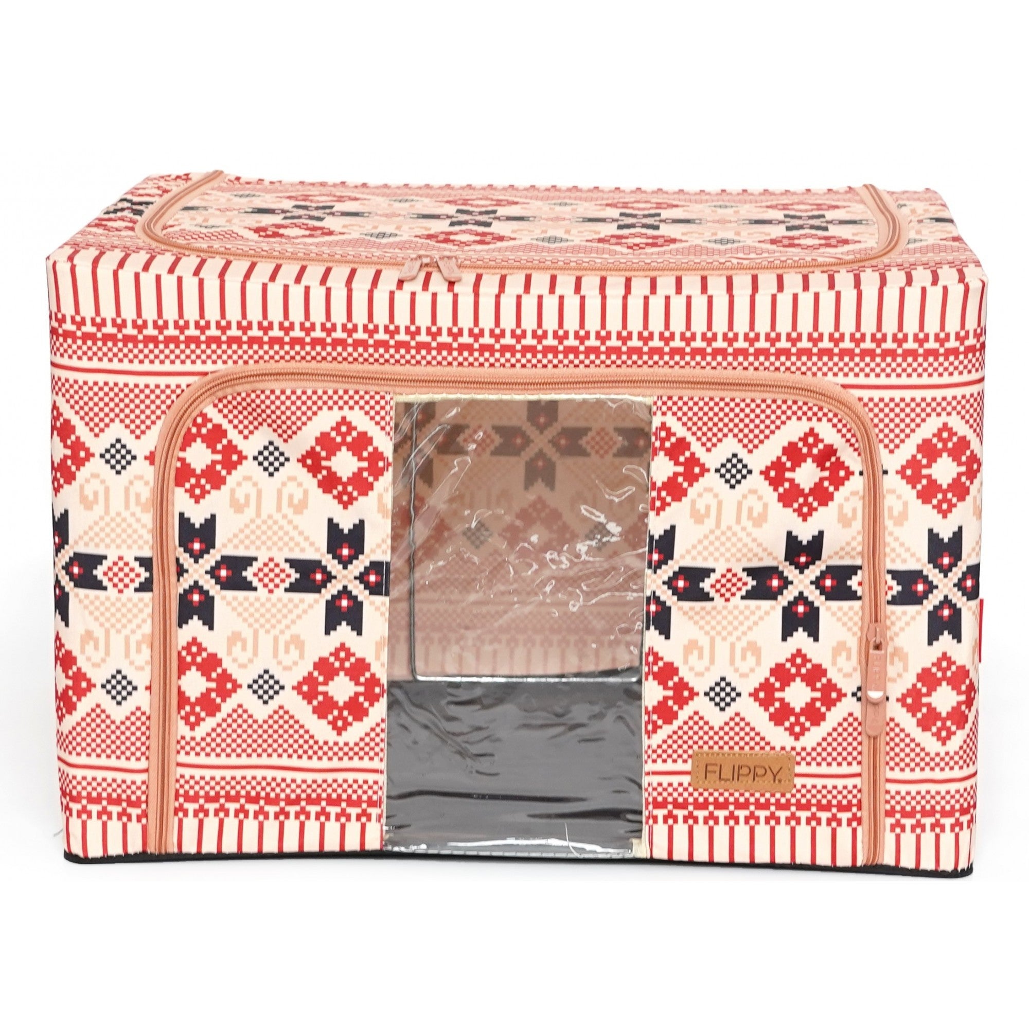 Cutie de Depozitare Pliabila, 100 L din Bumbac si In, 60X42X40 cm, Fereastra Frontala, 2 Usi de Acces cu Fermoar Bidirectional, Cadru Metalic, Suport Baza Stabil din Plastic, Motiv Traditional Model 1
