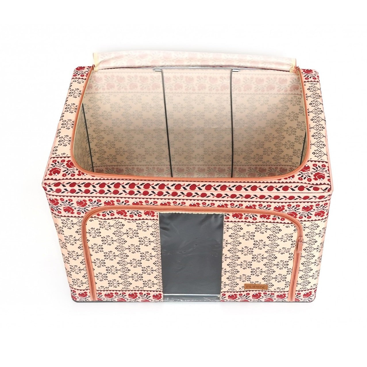 Cutie de Depozitare Pliabila, 100 L din Bumbac si In, 60X42X40 cm, Fereastra Frontala, 2 Usi de Acces cu Fermoar Bidirectional, Cadru Metalic, Suport Baza Stabil din Plastic, Motiv Traditional Model 3
