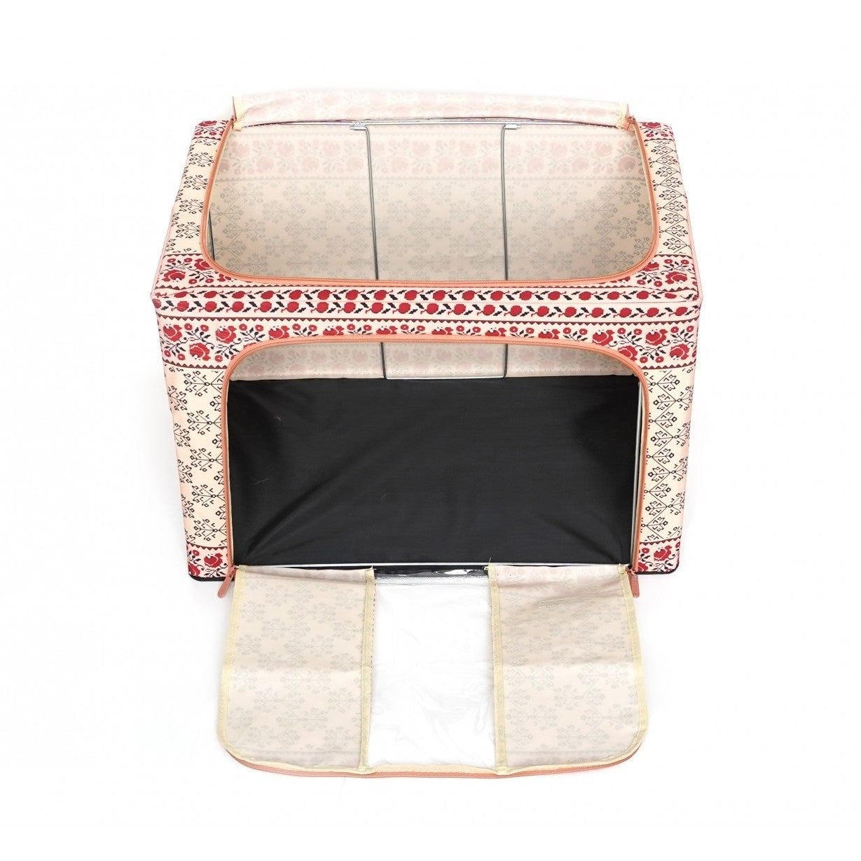 Cutie de Depozitare Pliabila, 100 L din Bumbac si In, 60X42X40 cm, Fereastra Frontala, 2 Usi de Acces cu Fermoar Bidirectional, Cadru Metalic, Suport Baza Stabil din Plastic, Motiv Traditional Model 3