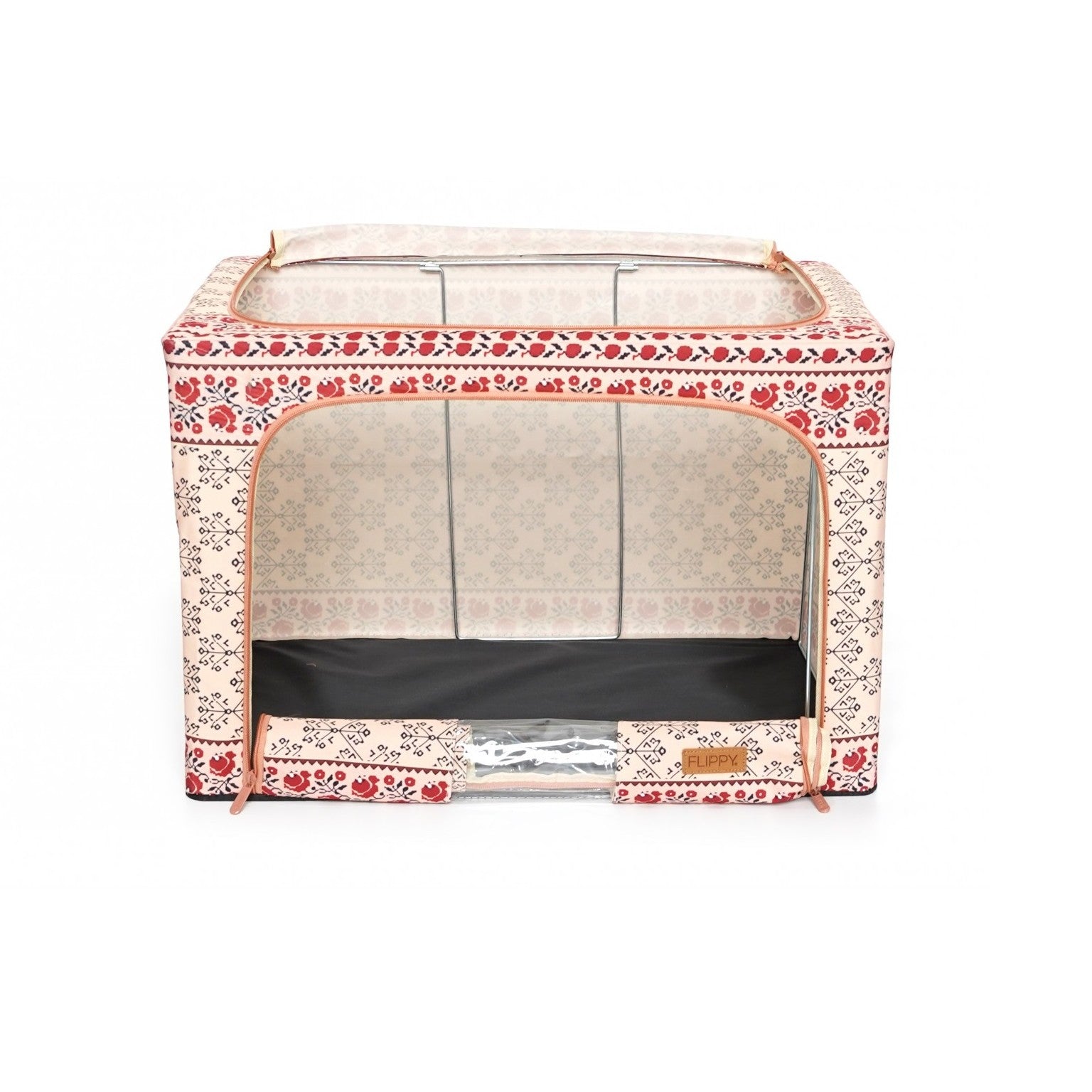 Cutie de Depozitare Pliabila, 100 L din Bumbac si In, 60X42X40 cm, Fereastra Frontala, 2 Usi de Acces cu Fermoar Bidirectional, Cadru Metalic, Suport Baza Stabil din Plastic, Motiv Traditional Model 3