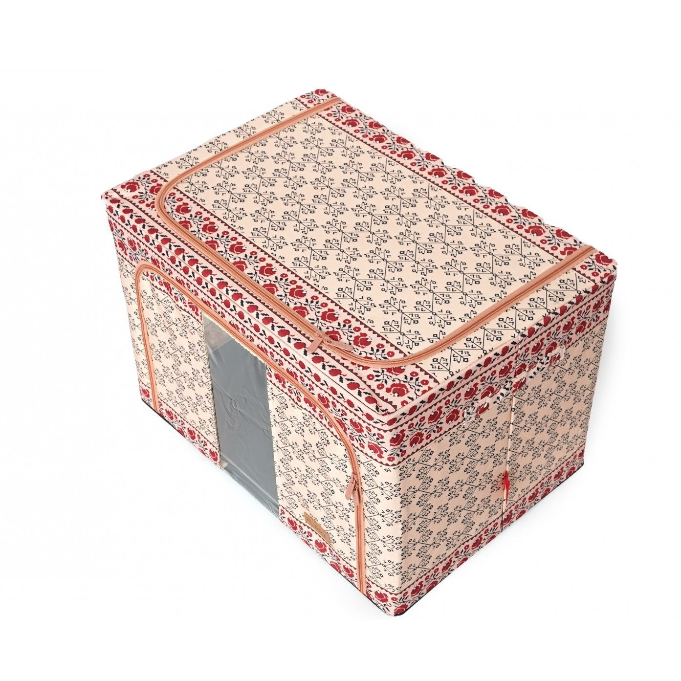 Cutie de Depozitare Pliabila, 100 L din Bumbac si In, 60X42X40 cm, Fereastra Frontala, 2 Usi de Acces cu Fermoar Bidirectional, Cadru Metalic, Suport Baza Stabil din Plastic, Motiv Traditional Model 3