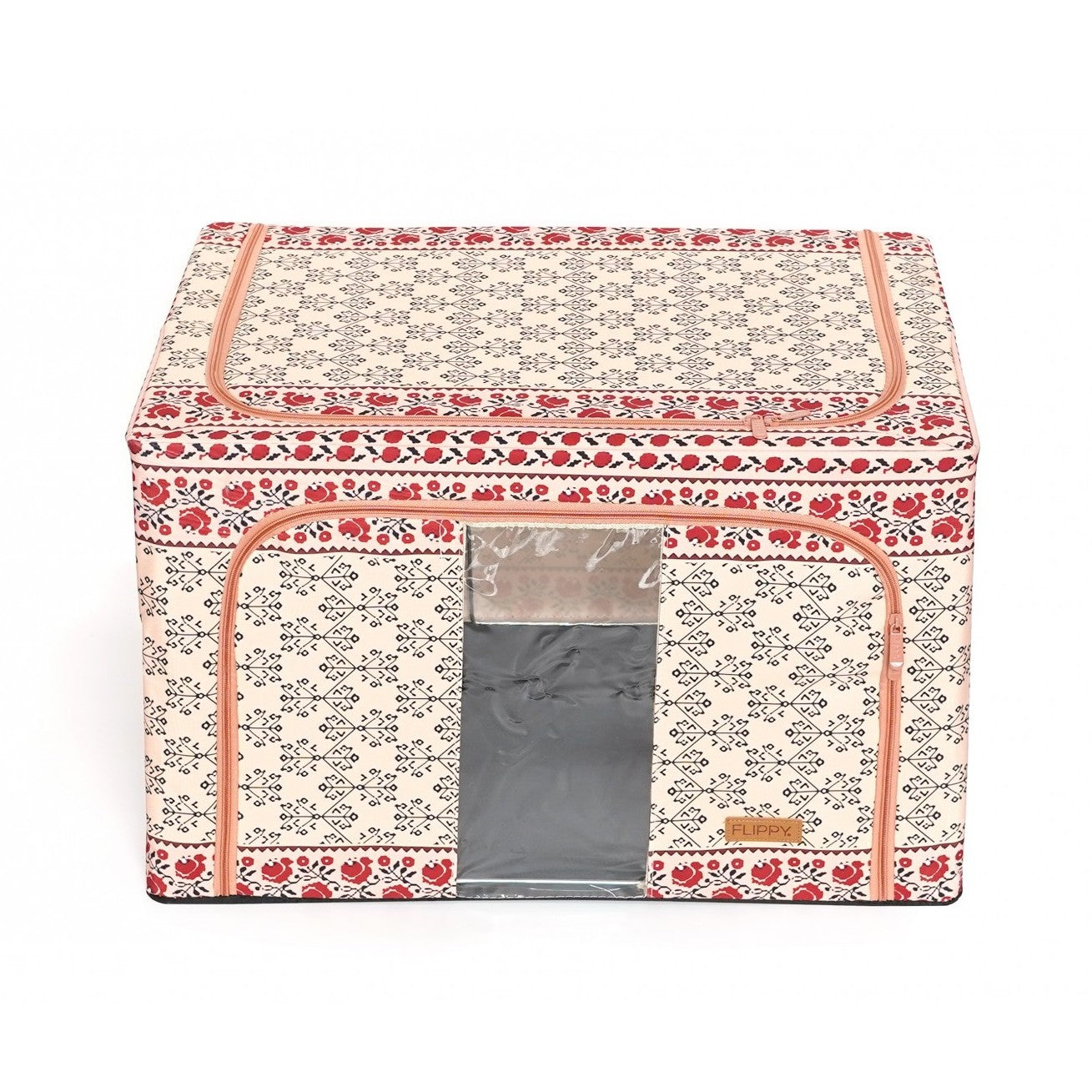 Cutie de Depozitare Pliabila, 100 L din Bumbac si In, 60X42X40 cm, Fereastra Frontala, 2 Usi de Acces cu Fermoar Bidirectional, Cadru Metalic, Suport Baza Stabil din Plastic, Motiv Traditional Model 3