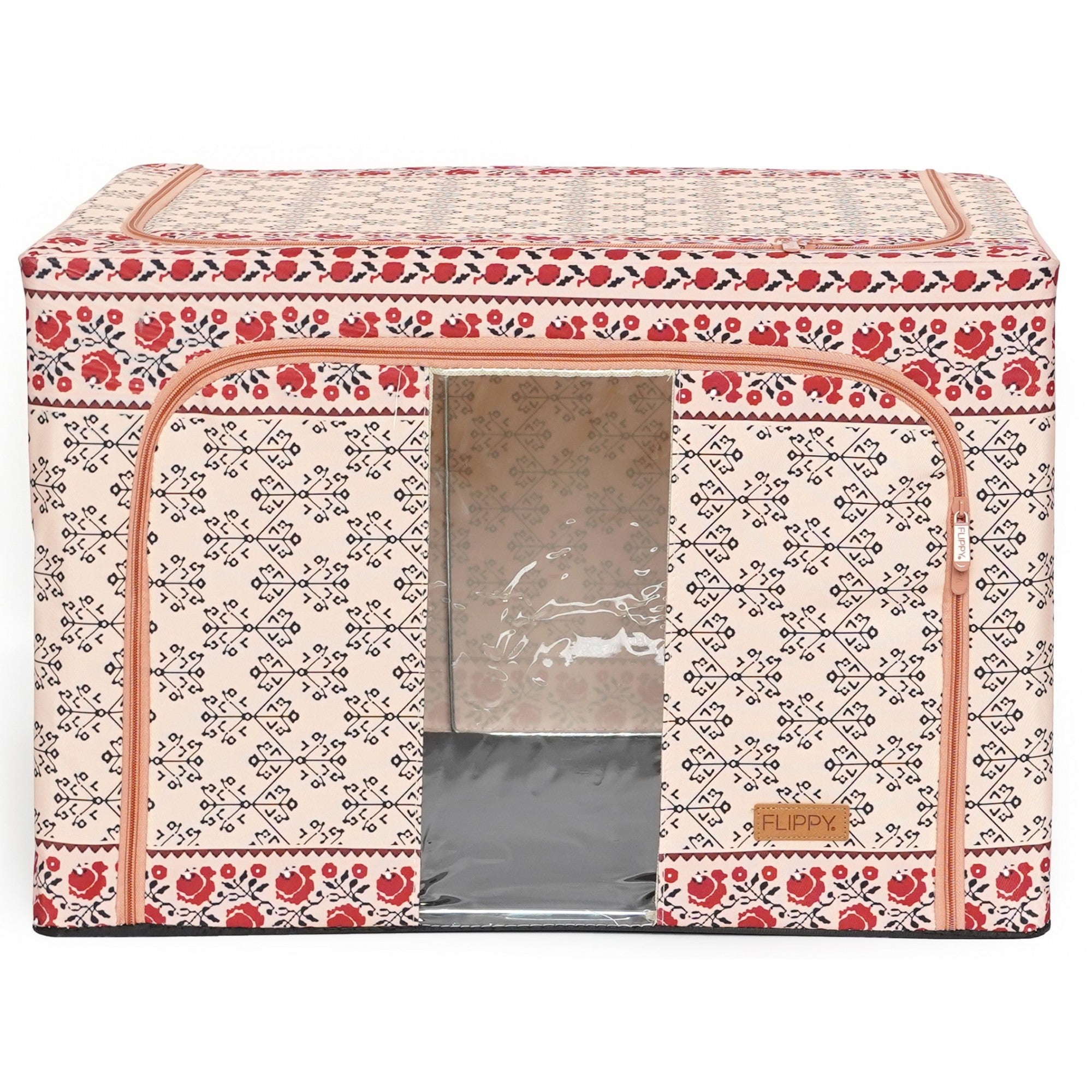 Cutie de Depozitare Pliabila, 100 L din Bumbac si In, 60X42X40 cm, Fereastra Frontala, 2 Usi de Acces cu Fermoar Bidirectional, Cadru Metalic, Suport Baza Stabil din Plastic, Motiv Traditional Model 3