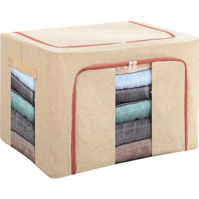 Cutie de Depozitare Pliabila, 100 L, din Bumbac si In, 60x42x40 cm, Fereastra Frontala, 2 Usi de Acces cu Fermoar Bidirectional, Cadru Metalic, Suport Baza Stabil din Plastic, Roz Pudrat