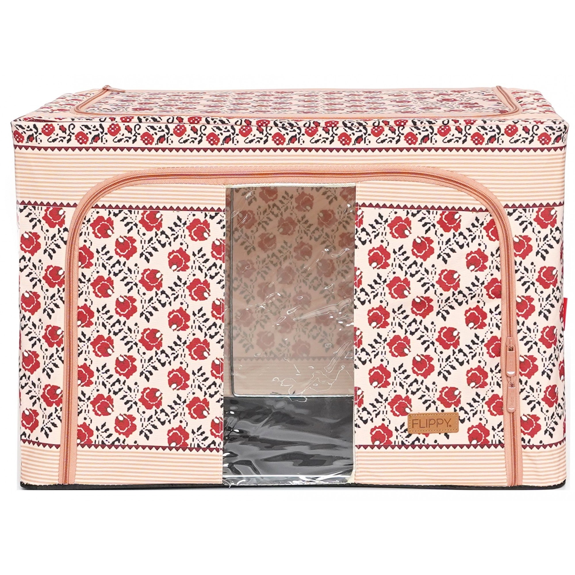 Cutie de Depozitare Pliabila, 100 L din Bumbac si In, 60X42X40 cm, Fereastra Frontala, 2 Usi de Acces cu Fermoar Bidirectional, Cadru Metalic, Suport Baza Stabil din Plastic, Motiv Traditional Model 4