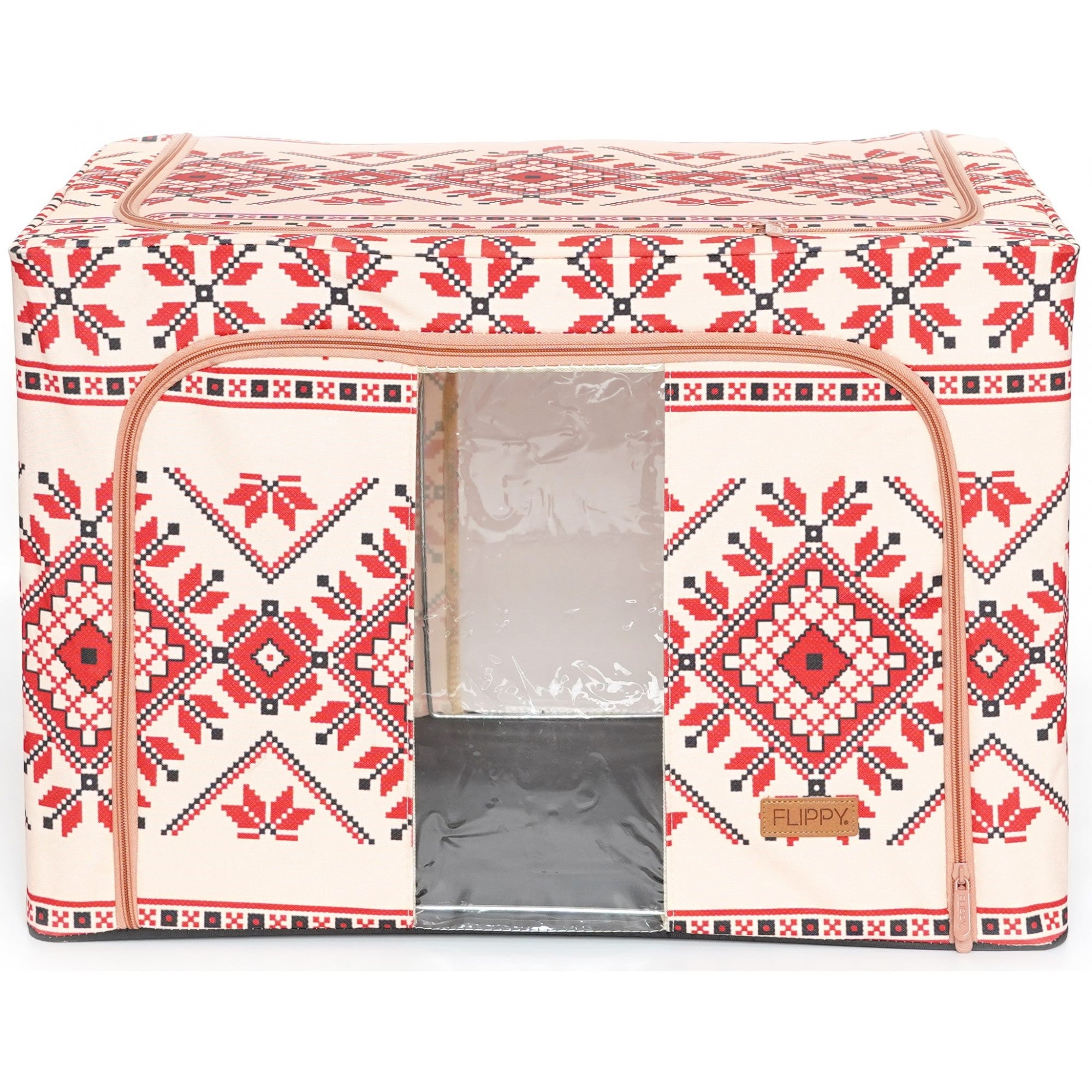 Cutie de Depozitare Pliabila, 100 L din Bumbac si In, 60X42X40 cm, Fereastra Frontala, 2 Usi de Acces cu Fermoar Bidirectional, Cadru Metalic, Suport Baza Stabil din Plastic, Motiv Traditional Model 2